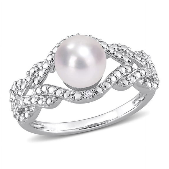 AMOUR 7-7.5mm Freshwater Cultured Pearl and Diamond Accent Infinity Ring In Sterling Silver