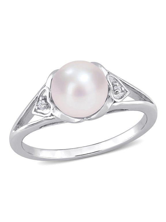 7-7.5mm Freshwater Cultured Pearl and Diamond Accent Split-shank Ring In Sterling Silver