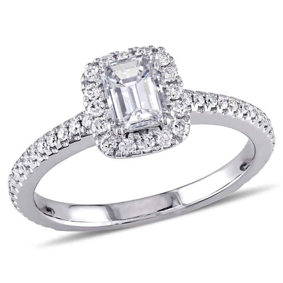 AMOUR 7/8 CT TW Emerald Cut and Round Diamond Engagement Ring In 14K White Gold