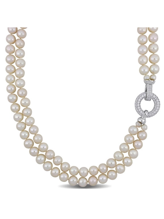 7-8mm Freshwater Cultured Pearl 2-Strand Necklace with Cubic Zirconia Clasp In Sterling Silver, 16 & 17 In