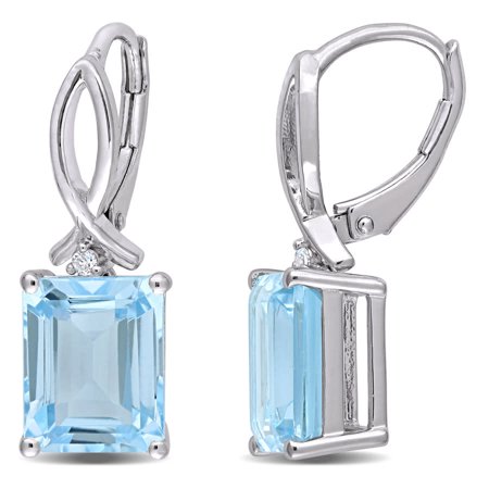 AMOUR 8 1/4 CT TGW Octagon Sky-blue Topaz and White Topaz Leverback Earrings In Sterling Silver
