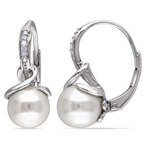 AMOUR 8 - 8.5 Mm White Cultured Freshwater Pearl and Diamond Twist Leverback Earrings In Sterling Silver