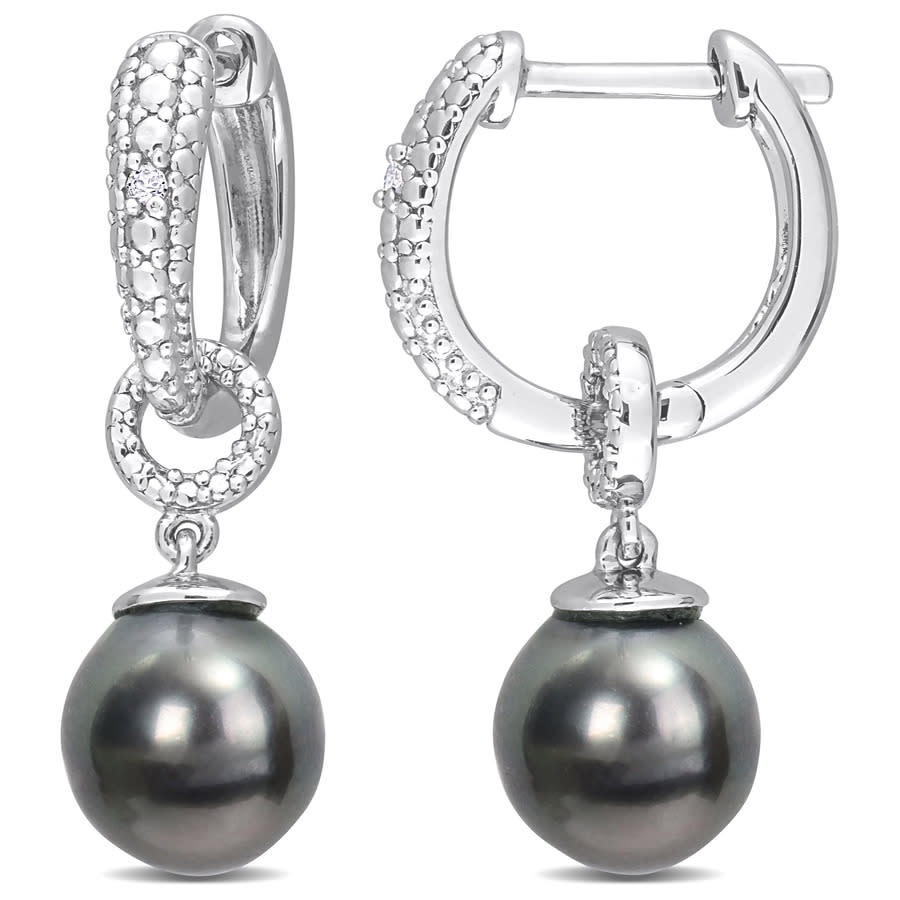 AMOUR 8-8.5mm Black Tahitian Cultured Pearl and Diamond Accent Drop Huggie Earrings In Sterling Silver