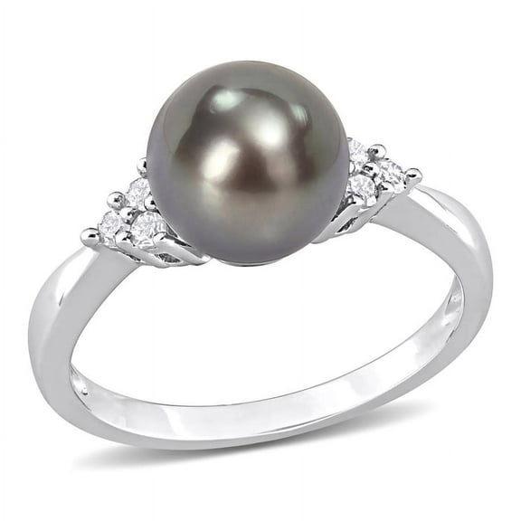 AMOUR 8-8.5mm Black Tahitian Pearl and 1/8 CT TDW Diamond Ring In Sterling Silver