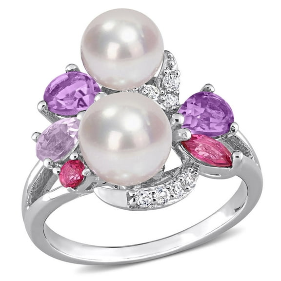 AMOUR 8-8.5mm Freshwater Cultured Pearl and Diamond Accent Heart Ring In Sterling Silver