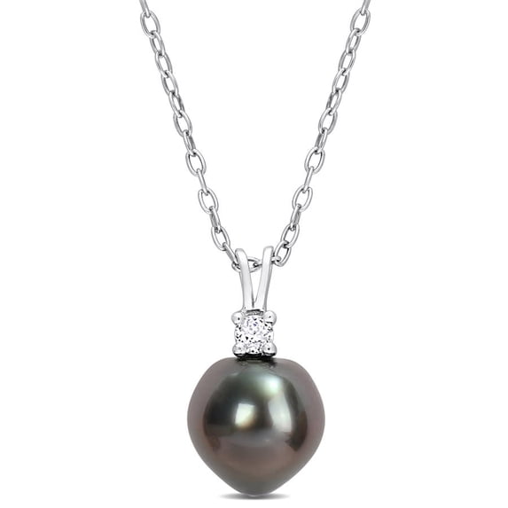 AMOUR 8-9mm Black Tahitian Cultured Pearl and 1/10 CT TGW White Topaz Pendant with Chain In Sterling Silver