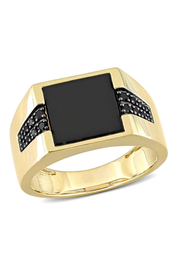 8 CT TGW Black Onyx and 1/6 CT TW Black Diamond Men's Ring In 10K Yellow Gold