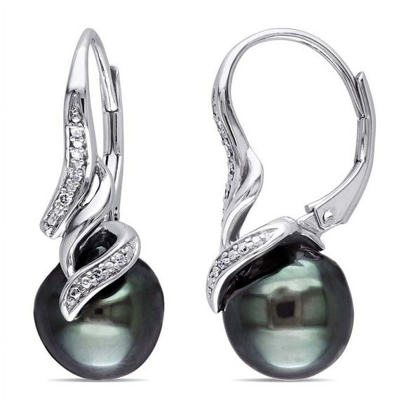 AMOUR 9 - 9.5 Mm Black Tahitian Pearl and Diamond Twist Leverback Drop Earrings In Sterling Silver