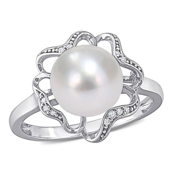 AMOUR 9-9.5mm Freshwater Cultured Pearl and Diamond-accent Floral Cocktail Ring In Sterling Silver