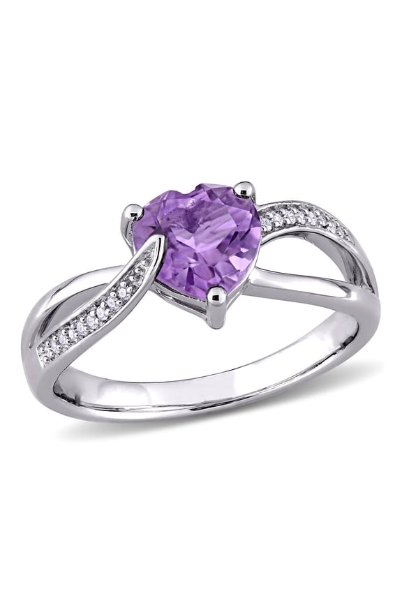 Amethyst and Diamond Heart Crossover Ring In Sterling Silver