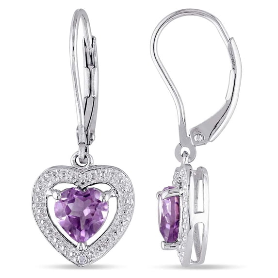 AMOUR Amethyst and Diamond Heart Leverback Earrings In Sterling Silver