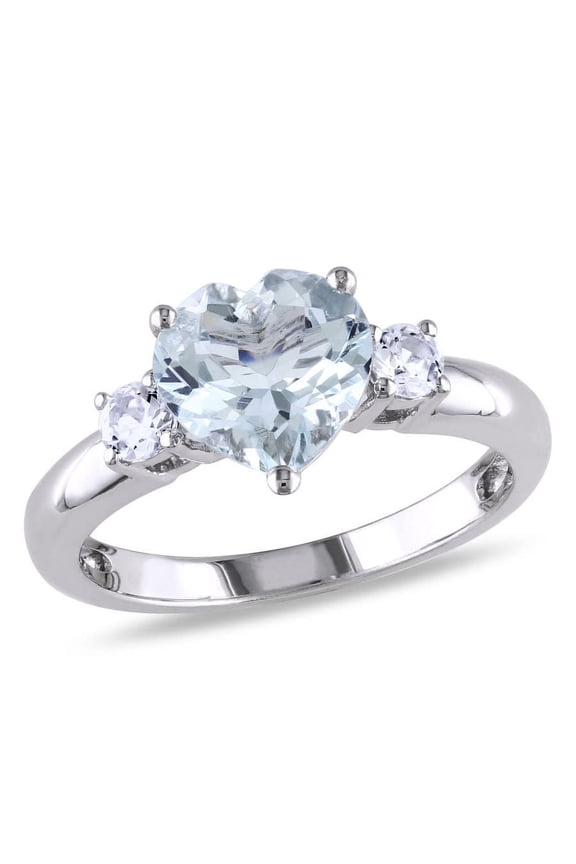 Aquamarine and Created White Sapphire Heart Ring In Sterling Silver
