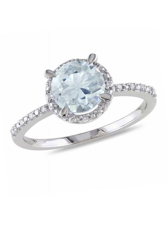 Aquamarine and Diamond Accent Halo Ring In Sterling Silver