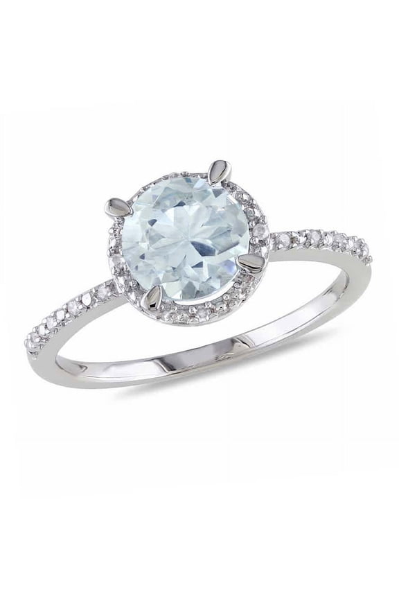 Aquamarine and Diamond Accent Halo Ring In Sterling Silver