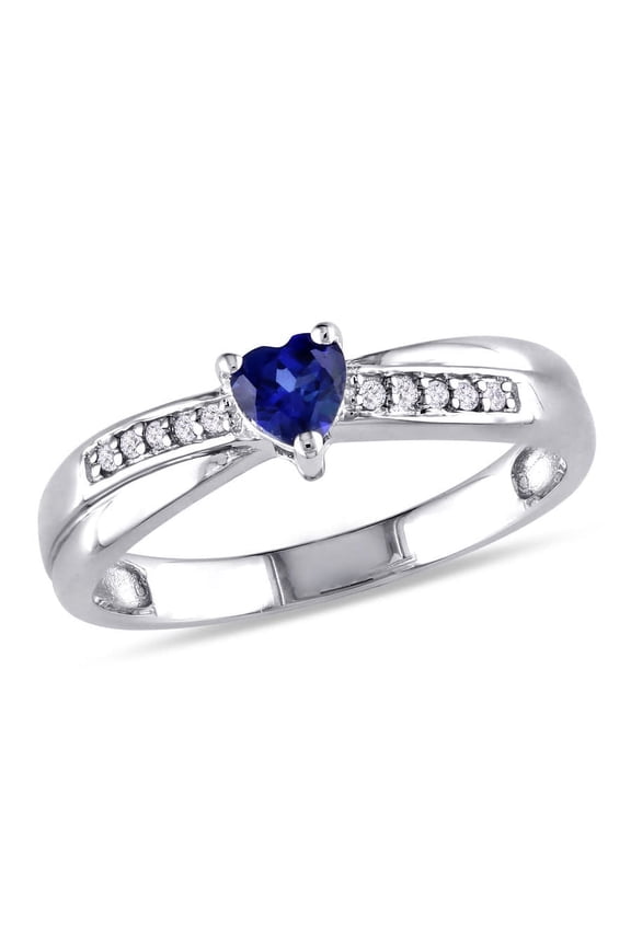 Created Blue Sapphire and Diamond Accent Heart Ring In Sterling Silver