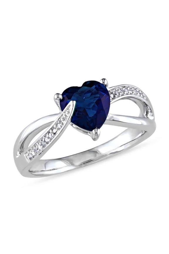 Created Blue Sapphire and Diamond Heart Crossover Ring In Sterling Silver