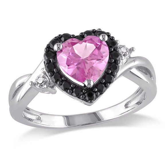 AMOUR Created Pink Sapphire, Black Spinel and Diamond Heart Ring In Sterling Silver