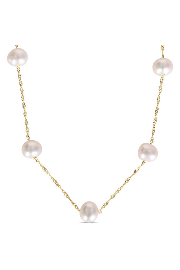 Cultured Freshwater Pearl Tin Cup Necklace with 10K Yellow Gold Rope Chain and Clasp