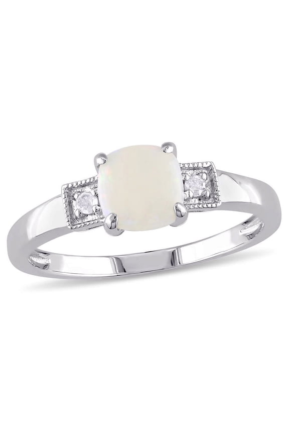 Cushion Cut Opal and Diamond Accent Ring In Sterling Silver