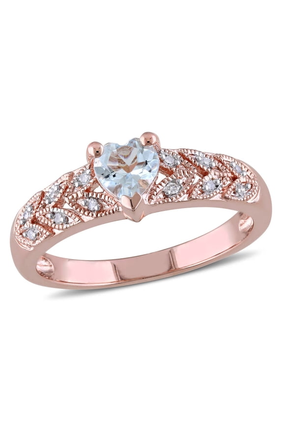 Diamond and Aquamarine Heart Vintage Ring In Pink Plated Sterling Silver