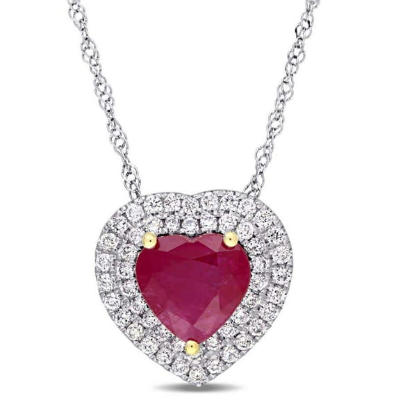 AMOUR Heart Shape Ruby and 1/4 CT TW Diamond Double Halo Pendant with Chain In 14K White Gold with Yellow Gold Prongs
