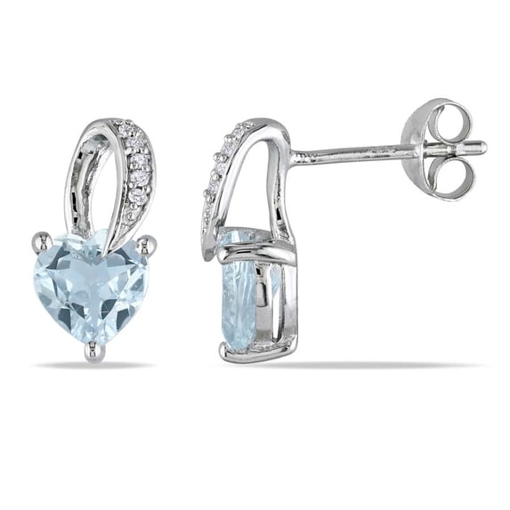 AMOUR Heart Shaped Aquamarine and Diamond Swirl Earrings In Sterling Silver