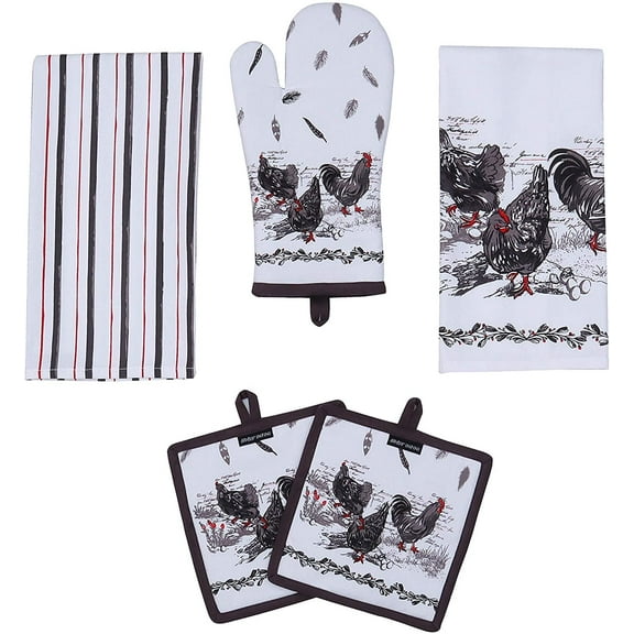 AMOUR INFINI 2 Kitchen Towels, 2 Pot Holders and Oven Mitt Heat Resistant Reusable Cotton Farm Life Rooster 5 Pack Kitchen Set for Cooking,Baking,Grilling|Thanksgiving Christmas Fall Festive Gift Set