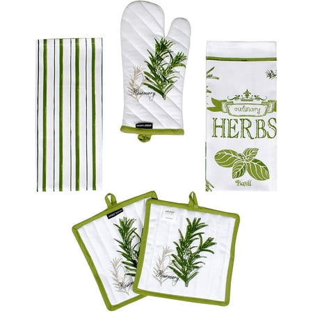 AMOUR INFINI 2 Kitchen Towels, 2 Pot Holders and Oven Mitt Heat Resistant Reusable Cotton Herb Garden 5 Pack Kitchen Decor Set for Cooking,Baking,Grilling|Thanksgiving Christmas Fall Festive Gift Set