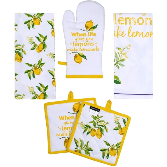 AMOUR INFINI 2 Kitchen Towels, 2 Pot Holders and Oven Mitt Heat Resistant Washable Cotton Citrus Splash 5 Pack Kitchen Set for Cooking,Baking,Grilling | Thanksgiving Christmas Fall Festive Gift Set