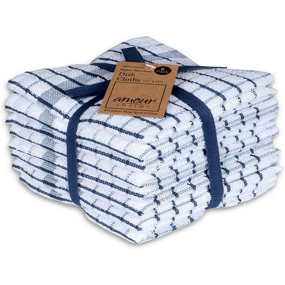 AMOUR INFINI Grid Dish Cloths - Cotton Cleaning Kitchen Towels and Dishcloths Set of 8 - Dish Towels for Washing Drying Dishes (12x12 Inch - Blue)