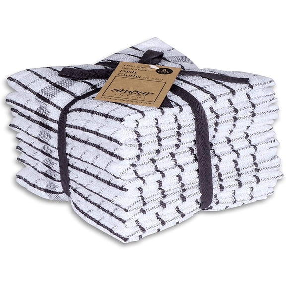 AMOUR INFINI Grid Dish Cloths Cotton Cleaning Kitchen Towels and Dishcloths Set of 8 Dish Towels for Washing Drying Dishes (12x12 Inch - D.Grey)