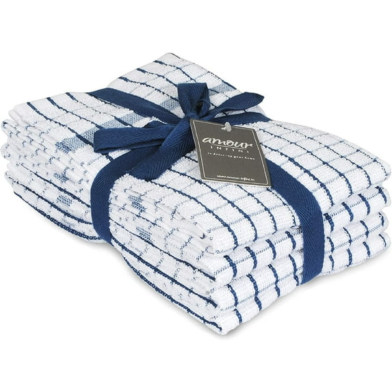 AMOUR INFINI Grid Kitchen Towels Cotton Cleaning Kitchen Towels and Dish Towels Set of 4 Kitchen Towels for Cleaning and Drying Dishes (20x28 Inch - Blue)