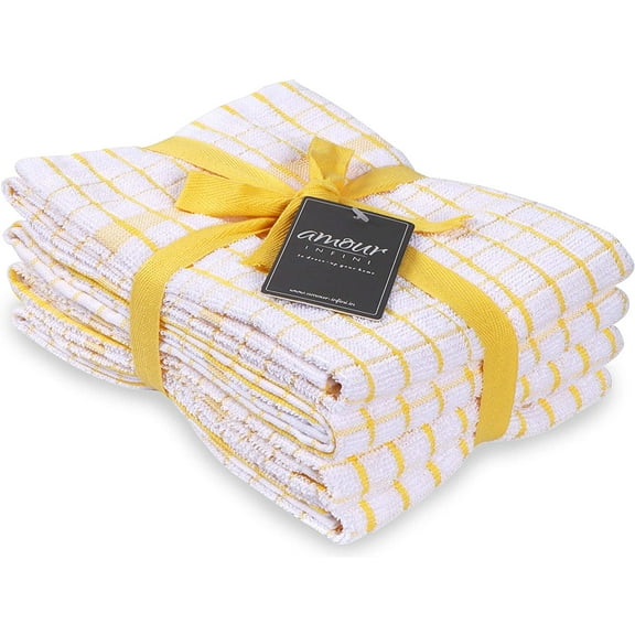AMOUR INFINI Grid Kitchen Towels - Cotton Cleaning Kitchen Towels and Dish Towels Set of 4 - Kitchen Towels for Cleaning and Drying Dishes (20x28 Inch - Yellow)