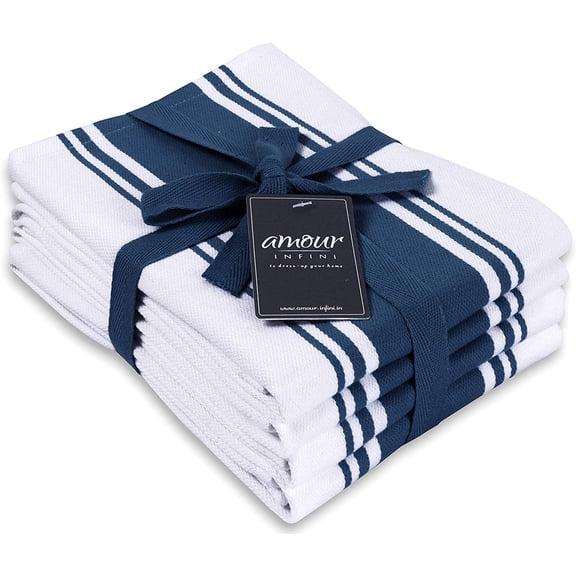 AMOUR INFINI Kitchen Towels - Classic Stripe Kitchen Towels Set of 4 - Oversized Dish Cloths for Washing and Cleaning Dishes - Super Absorbent Washable Dish Towels (28x20 Inch - Blue)