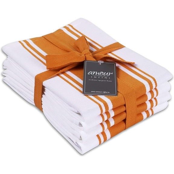 AMOUR INFINI Kitchen Towels Classic Stripe Kitchen Towels Set of 4 Oversized Dish Cloths for Washing and Cleaning Dishes Super Absorbent Washable Dish Towels (28x20 Inch - Orange)
