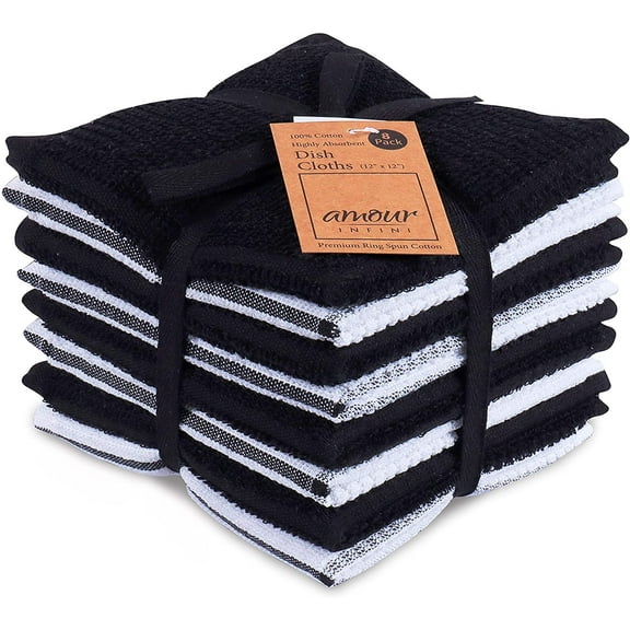 AMOUR INFINI Terry Dish Cloths Set of 8 Super Soft and Highly Absorbent Kitchen Dish Rags Premium Kitchen Dish Cloths for Washing Dishes (12x12 Inch - Black)
