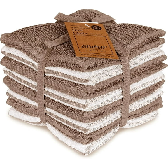 AMOUR INFINI Terry Dish Cloths Set of 8 Super Soft and Highly Absorbent Kitchen Dish Rags Premium Kitchen Dish Cloths for Washing Dishes (12x12 Inch - Brown)