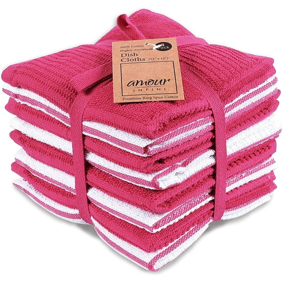 AMOUR INFINI Terry Dish Cloths Set of 8 Super Soft and Highly Absorbent Kitchen Dish Rags Premium Kitchen Dish Cloths for Washing Dishes (12x12 Inch - Pink)