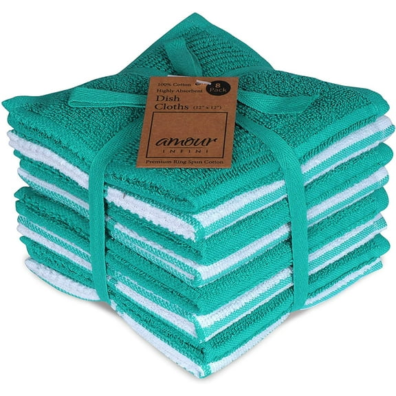 AMOUR INFINI Terry Dish Cloths Set of 8 Super Soft and Highly Absorbent Kitchen Dish Rags Premium Kitchen Dish Cloths for Washing Dishes (12x12 Inch - Teal)