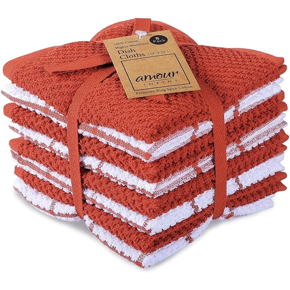 AMOUR INFINI Terry Dish Cloths - Super Absorbent Cleaning Cloths - Set of 8 Kitchen Dish Towels - Kitchen Towels for Washing Drying Dishes (12x12 Inch, Rust)