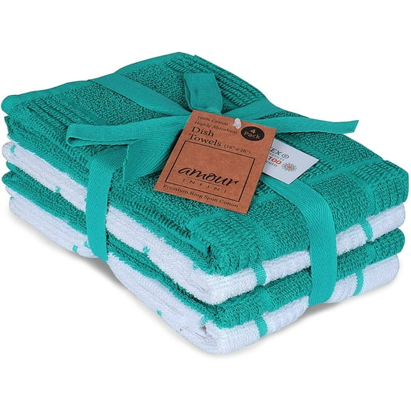 AMOUR INFINI Terry Kitchen Towels Fast Absorbing Quick Dry Dish Rags with Hanging Loop Pack of 4 Premium Terry Kitchen Towels Cleaning and Drying Dish (16 x 26 Inches - Teal)