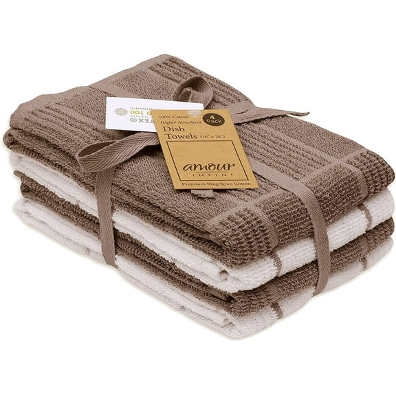 AMOUR INFINI Terry Kitchen Towels - Fast Absorbing Quick Dry Dish Rags with Hanging Loop - Pack of 4 Premium Terry Kitchen Towels Cleaning and Drying Dish (16 x 26 Inches - Brown)