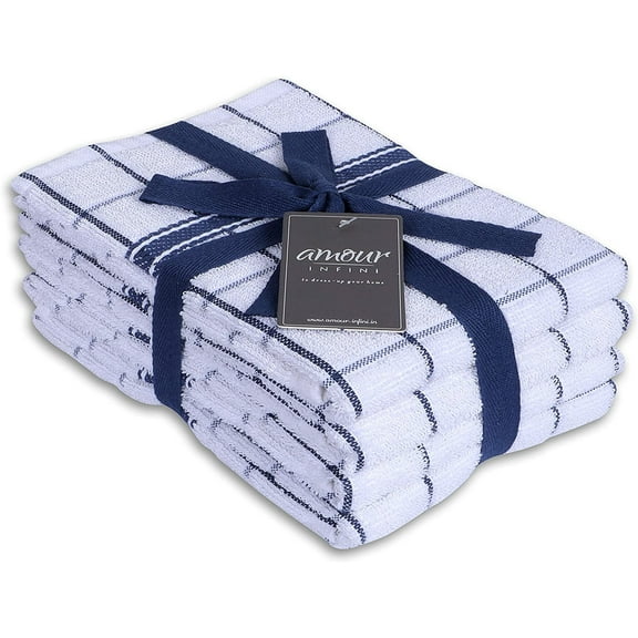AMOUR INFINI Terry Kitchen Towels - Premium Cleaning Kitchen Towels and Dish Towels Set of 4 - Kitchen Towels with Hanging Loop - Washable Kitchen Dish Rags (18 x 28 Inch - Blue)