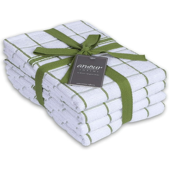 AMOUR INFINI Terry Kitchen Towels Premium Cleaning Kitchen Towels and Dish Towels Set of 4 Kitchen Towels with Hanging Loop Washable Kitchen Dish Rags (18 x 28 Inch - Green)