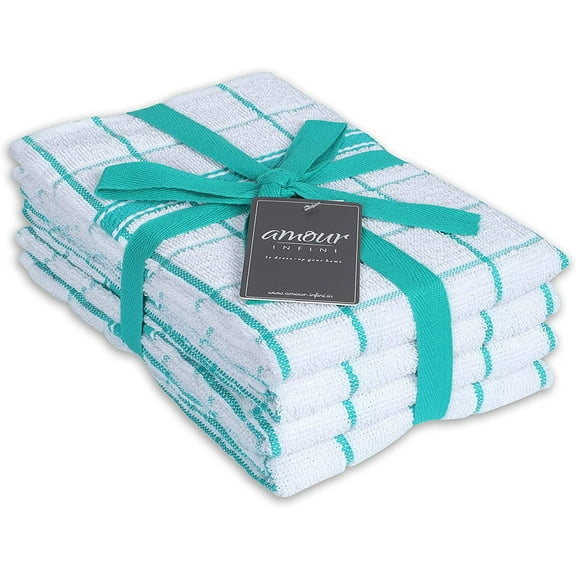 AMOUR INFINI Terry Kitchen Towels - Premium Cleaning Kitchen Towels and Dish Towels Set of 4 - Kitchen Towels with Hanging Loop - Washable Kitchen Dish Rags (18 x 28 Inch - Teal)