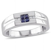 AMOUR Mens Diamond and Sapphire Ring In Sterling Silver