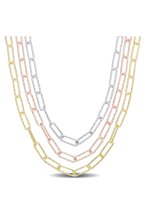 Multi-Strand Paperclip Chain Necklace In 3-Tone Plated Sterling Silver, 18 In