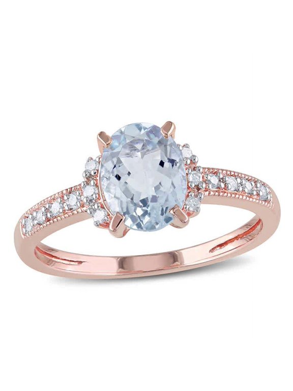 Oval Cut Aquamarine and Diamond Ring In Rose Plated Sterling Silver