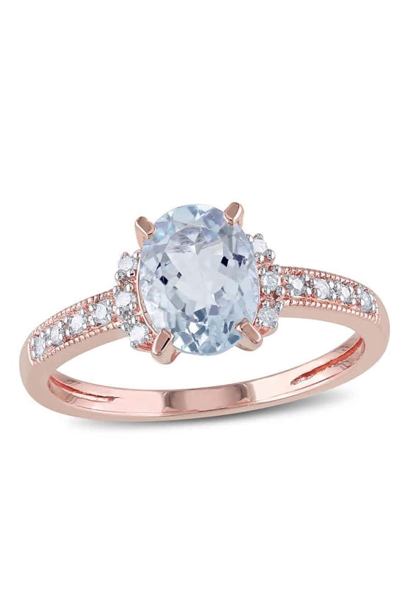 Oval Cut Aquamarine and Diamond Ring In Rose Plated Sterling Silver