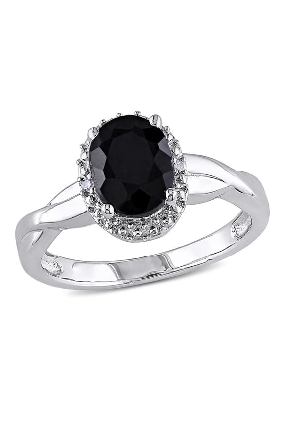 Oval Cut Black Sapphire and Diamond Crossover Ring In Sterling Silver